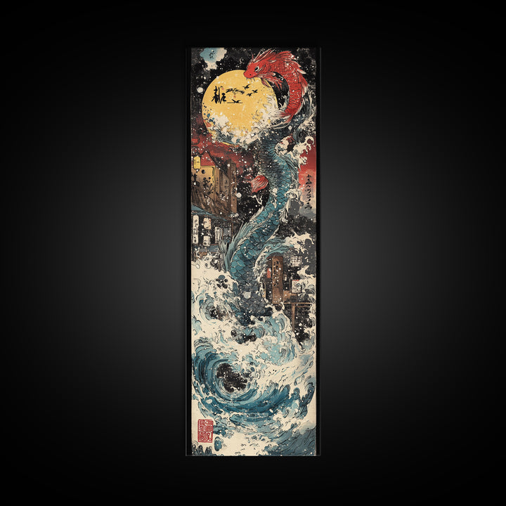 Red Dragon Moon And Crashing Waves Wall Art, Japanese Fantasy Sea Monster Canvas Print, Ukiyo E Ocean Decor Gift For Living Room