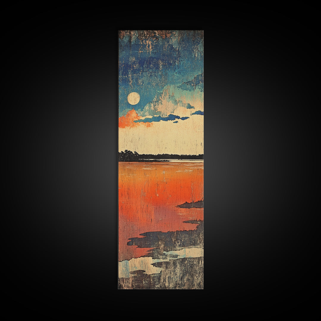 Full Moon Over Orange Lake Wall Art, Moody Abstract Landscape Canvas Print, Minimalist Nature Decor For Bedroom Living Room