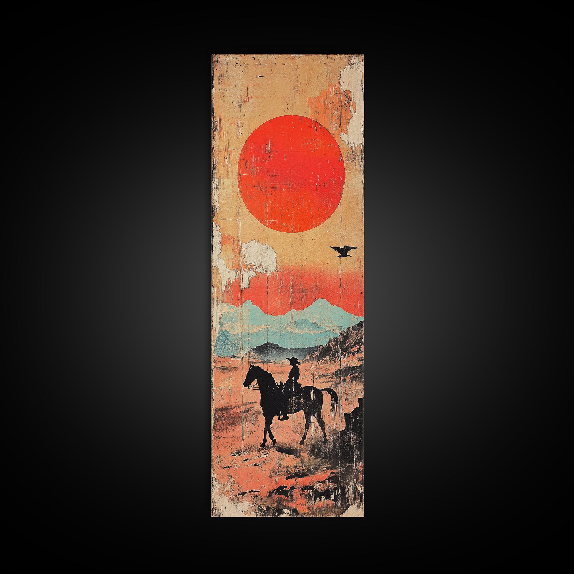 Horse Rider Under Red Sun Wall Art, Western Desert Landscape Canvas Print, Japanese Inspired Southwestern Living Room Home Decor
