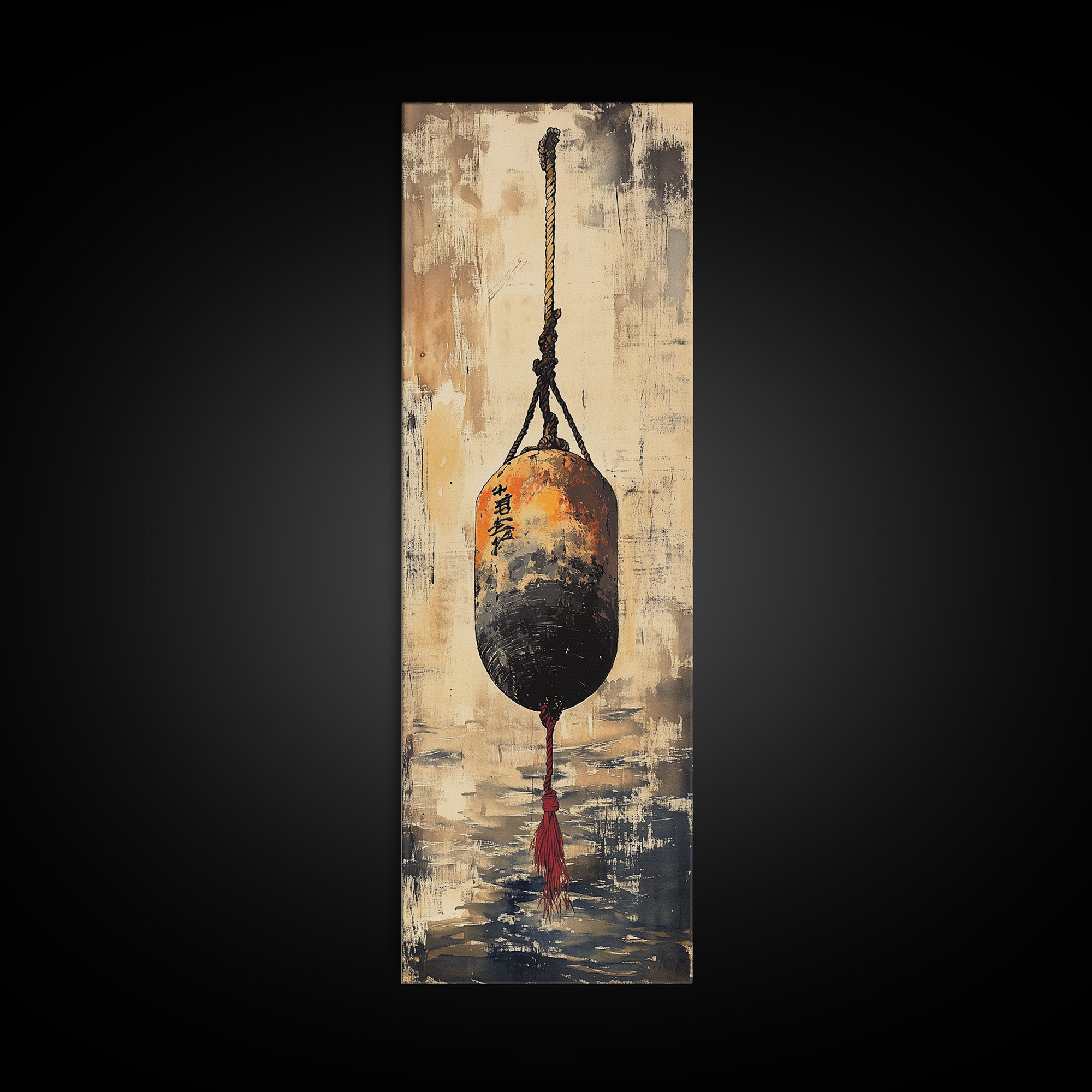 Hanging Japanese Lantern Over Water Wall Art, Wabi Sabi Neutral Canvas Print, Minimalist Zen Spa Decor For Living Room And Office