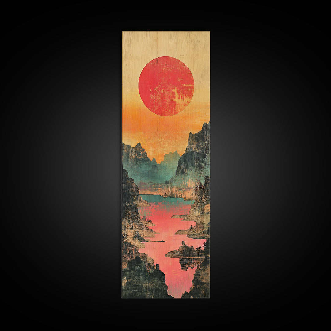 Red Sun Mountain River Valley Wall Art, Japanese Inspired Landscape Canvas Print, Teal Coral Nature Decor For Living Room