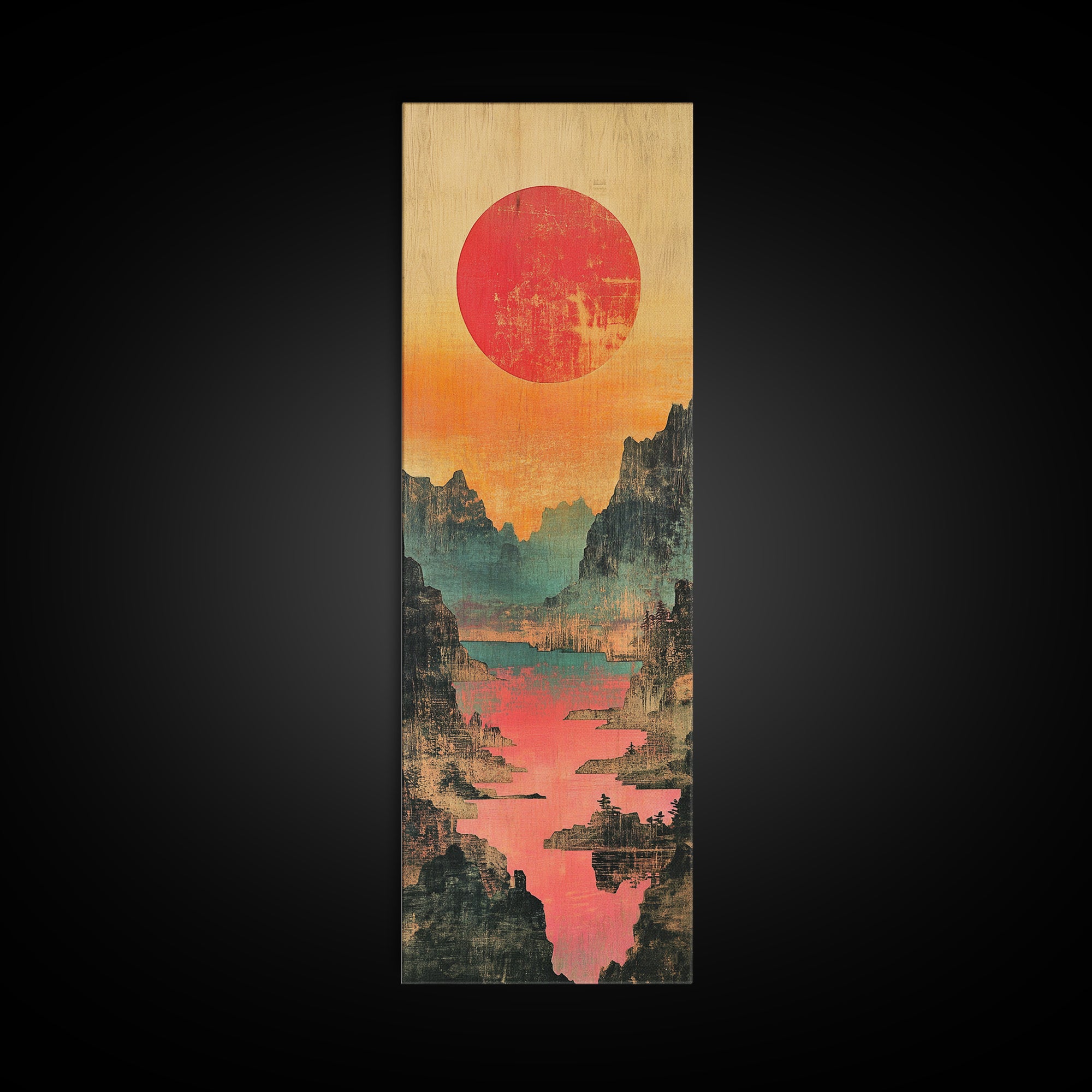 Red Sun Mountain River Valley Wall Art, Japanese Inspired Landscape Canvas Print, Teal Coral Nature Decor For Living Room