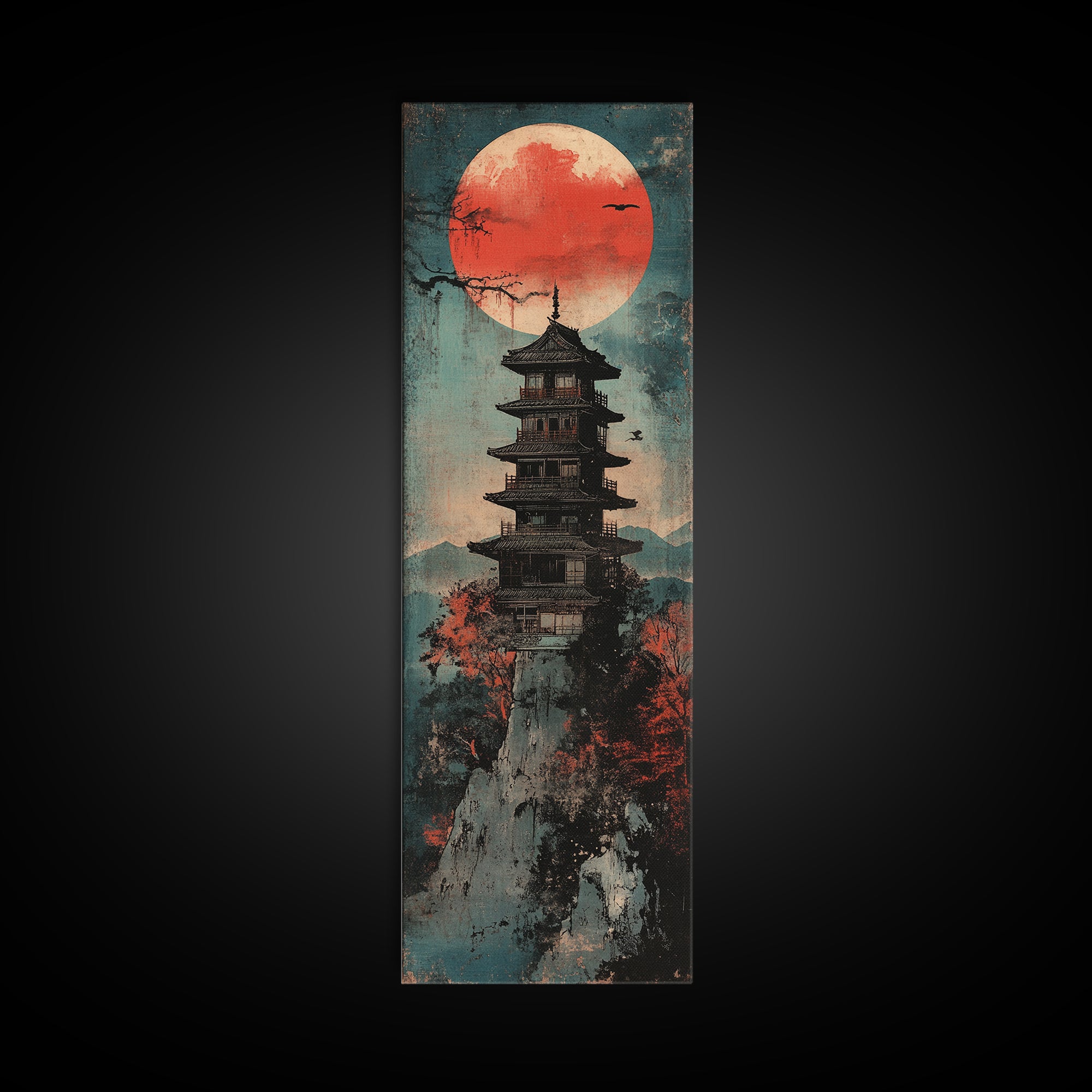 Red Sun Pagoda On Misty Mountain Wall Art, Japanese Landscape Canvas Print, Japandi Zen Decor, Asian Home Decor Gift For Living Room