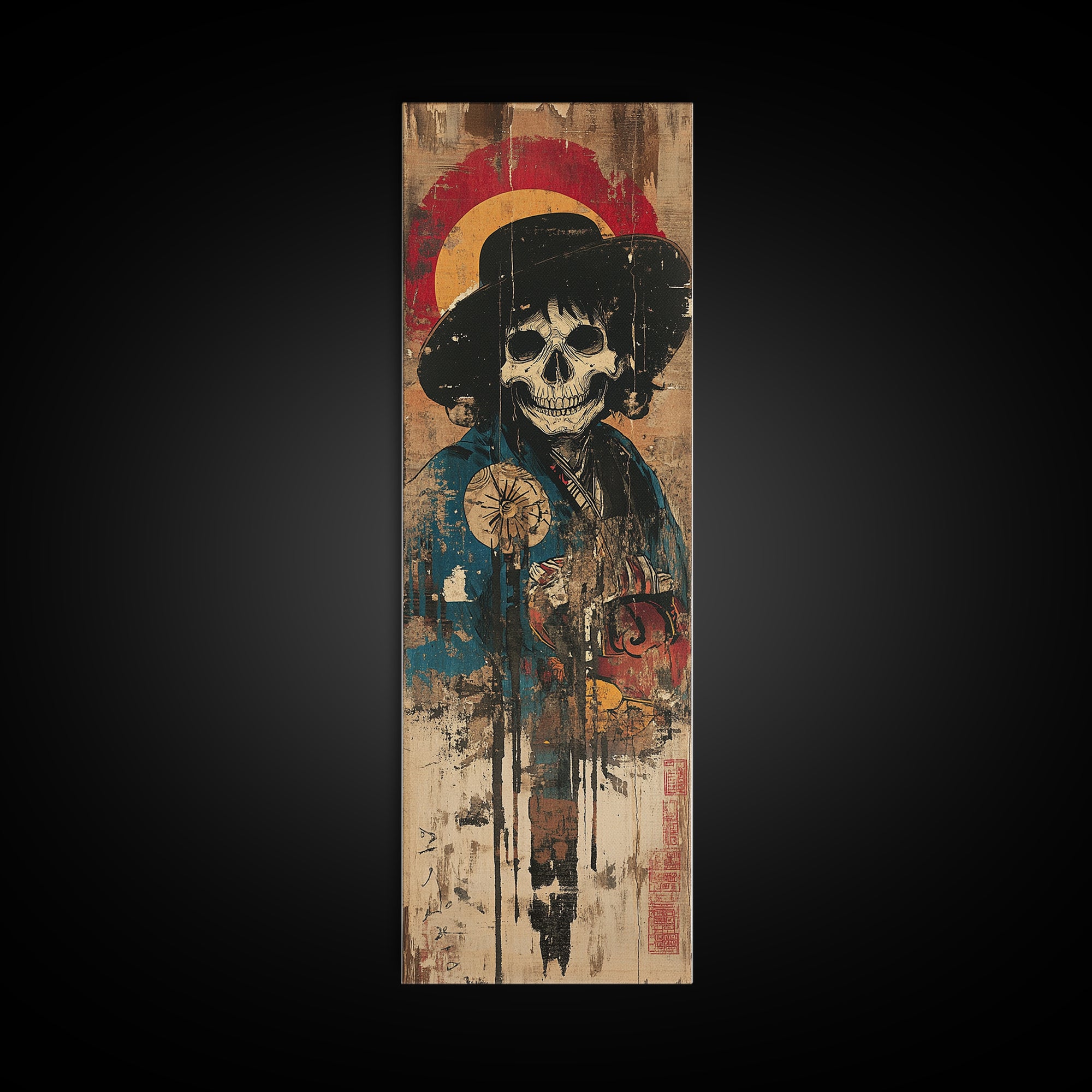 Skeleton Samurai With Red Halo Wall Art, Japanese Gothic Canvas Print, Dark Academia Decor, Macabre Warrior Gift For Him