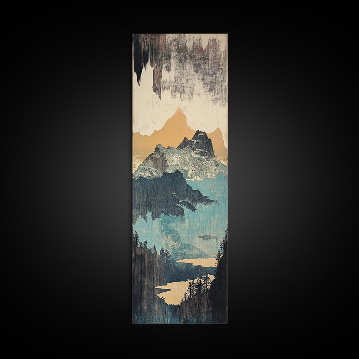 Misty Mountain Lake And Pines Wall Art, Japanese Landscape Canvas Print, Neutral Nature Decor, Large Vertical Art For Cabin