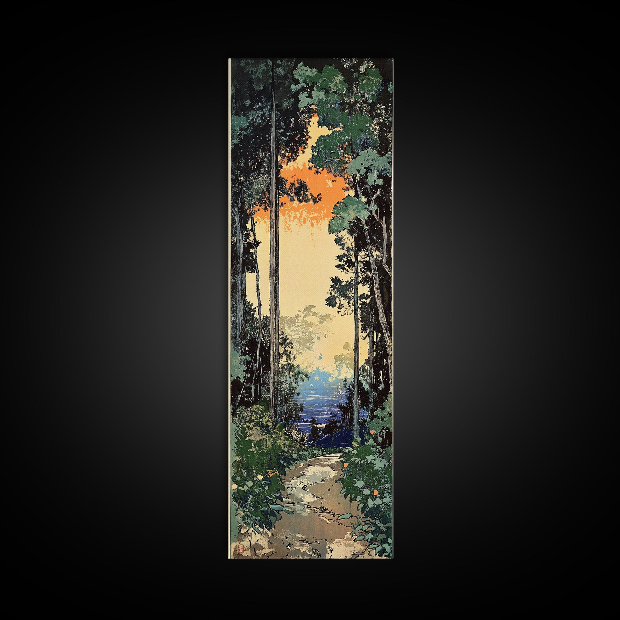 Sunlit Forest Path To Blue Water Wall Art, Japanese Nature Canvas Print, Green Woodland Decor, Calming Landscape Gift Idea