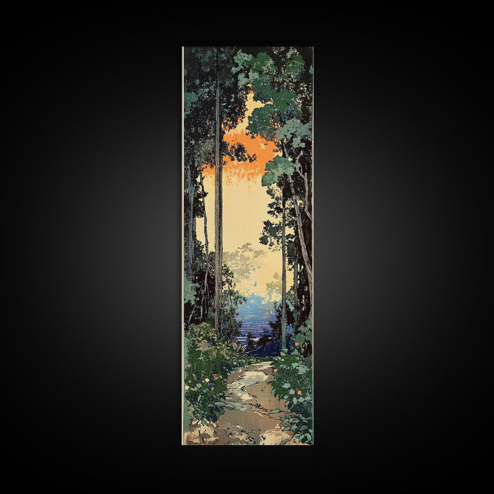 Sunlit Forest Path To Blue Water Wall Art, Japanese Nature Canvas Print, Green Woodland Decor, Calming Landscape Gift Idea
