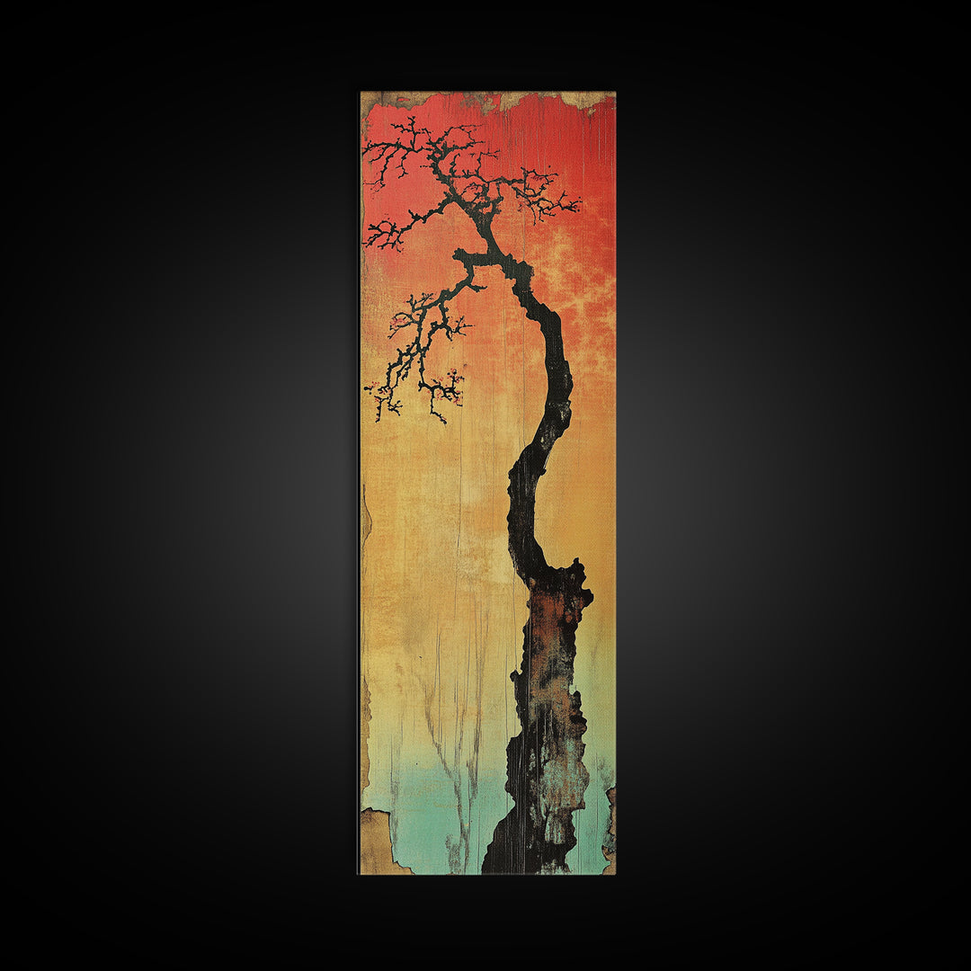 Lone Twisted Tree At Red Sunset Wall Art, Japanese Landscape Canvas Print, Moody Nature Decor, Minimalist Rustic Art For Cabin