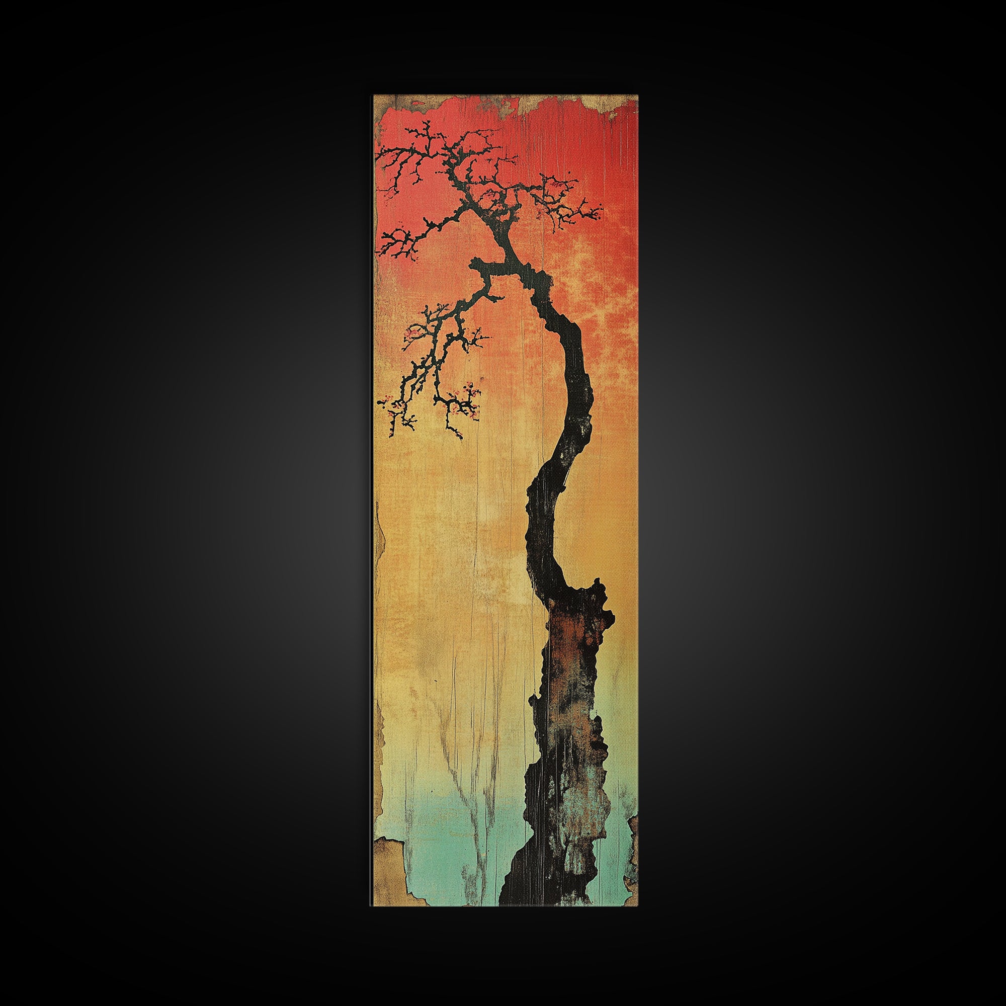 Lone Twisted Tree At Red Sunset Wall Art, Japanese Landscape Canvas Print, Moody Nature Decor, Minimalist Rustic Art For Cabin