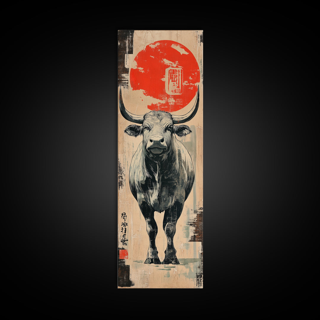 White Bull Beneath Rising Red Sun Wall Art, Japanese Animal Canvas Print, Rustic Farmhouse Decor, Bold Western Gift For Him