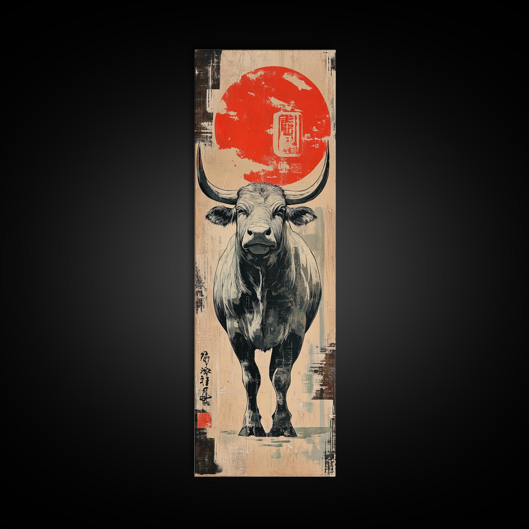 White Bull Beneath Rising Red Sun Wall Art, Japanese Animal Canvas Print, Rustic Farmhouse Decor, Bold Western Gift For Him