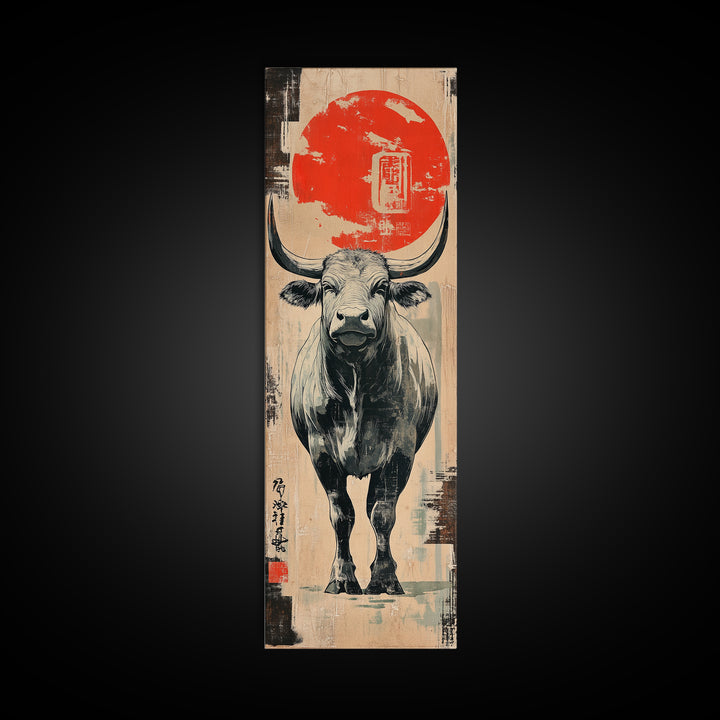 White Bull Beneath Rising Red Sun Wall Art, Japanese Animal Canvas Print, Rustic Farmhouse Decor, Bold Western Gift For Him