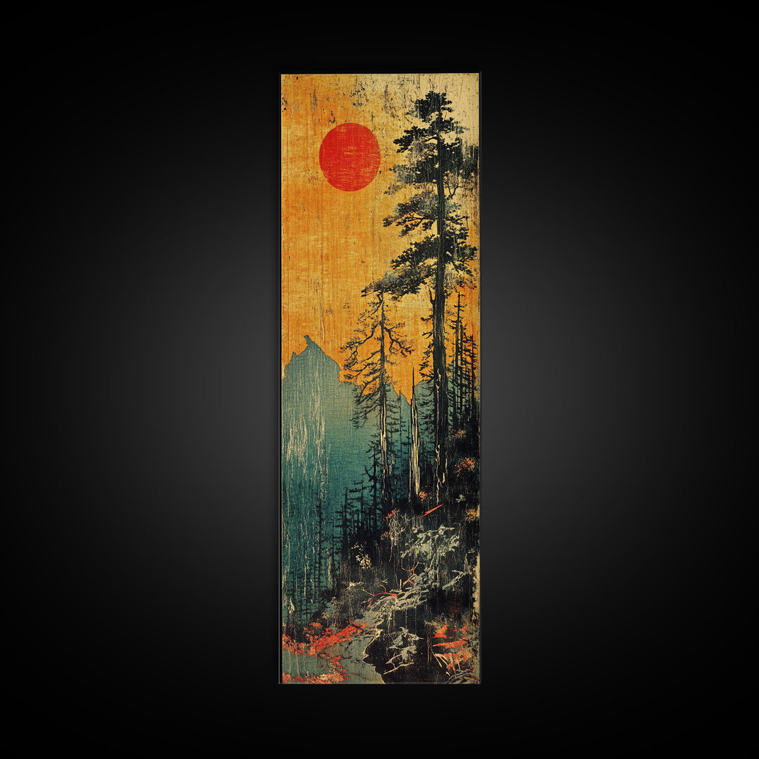 Tall Pines And Red Sun Mountain Wall Art, Japanese Forest Canvas Print, Rustic Cabin Decor, Nature Lover Gift For Home Decor