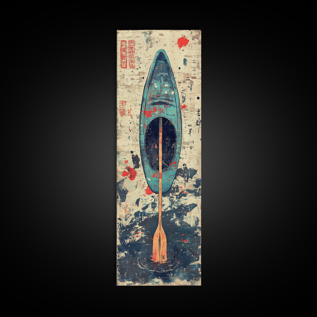 Blue Kayak Paddle On Ocean Waves Wall Art, Japanese Coastal Canvas Print, Nautical Decor, Beach House Decor Gift For Her