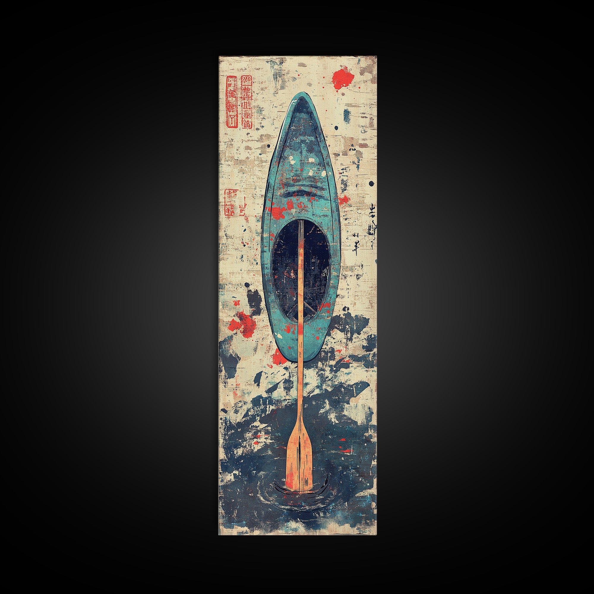 Blue Kayak Paddle On Ocean Waves Wall Art, Japanese Coastal Canvas Print, Nautical Decor, Beach House Decor Gift For Her