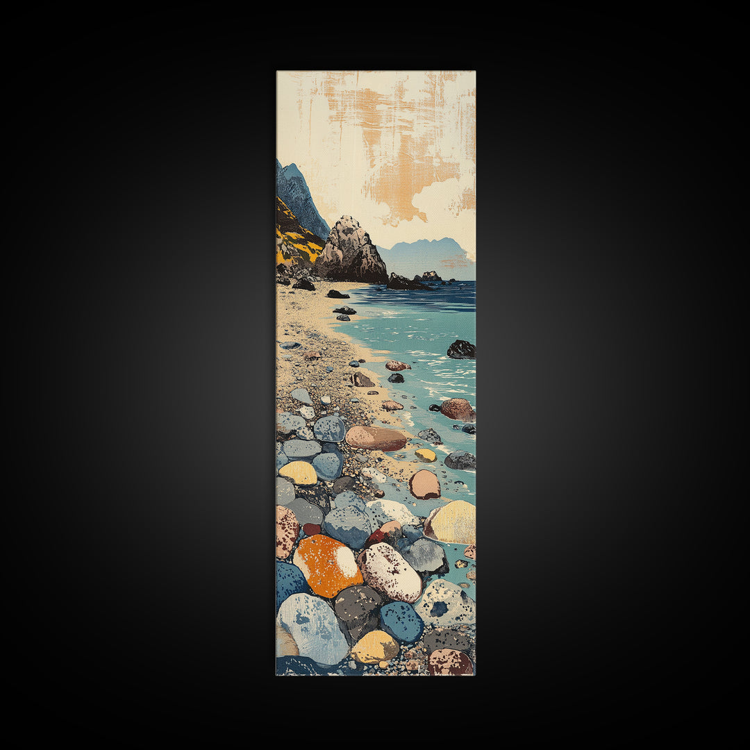 Rocky Pebble Beach Canvas Print, Coastal Cove Landscape Art, Ocean Wall Decor, Nautical Home Decor, Seaside Travel Poster