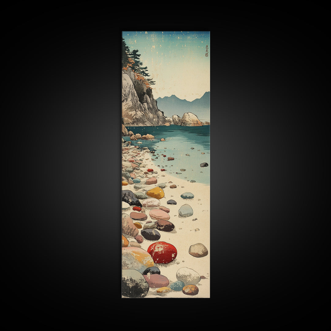Turquoise Pebble Beach Wall Art, Coastal Mountain Cove Print, Ocean Landscape Decor, Nautical Canvas Print, Beach House Gift
