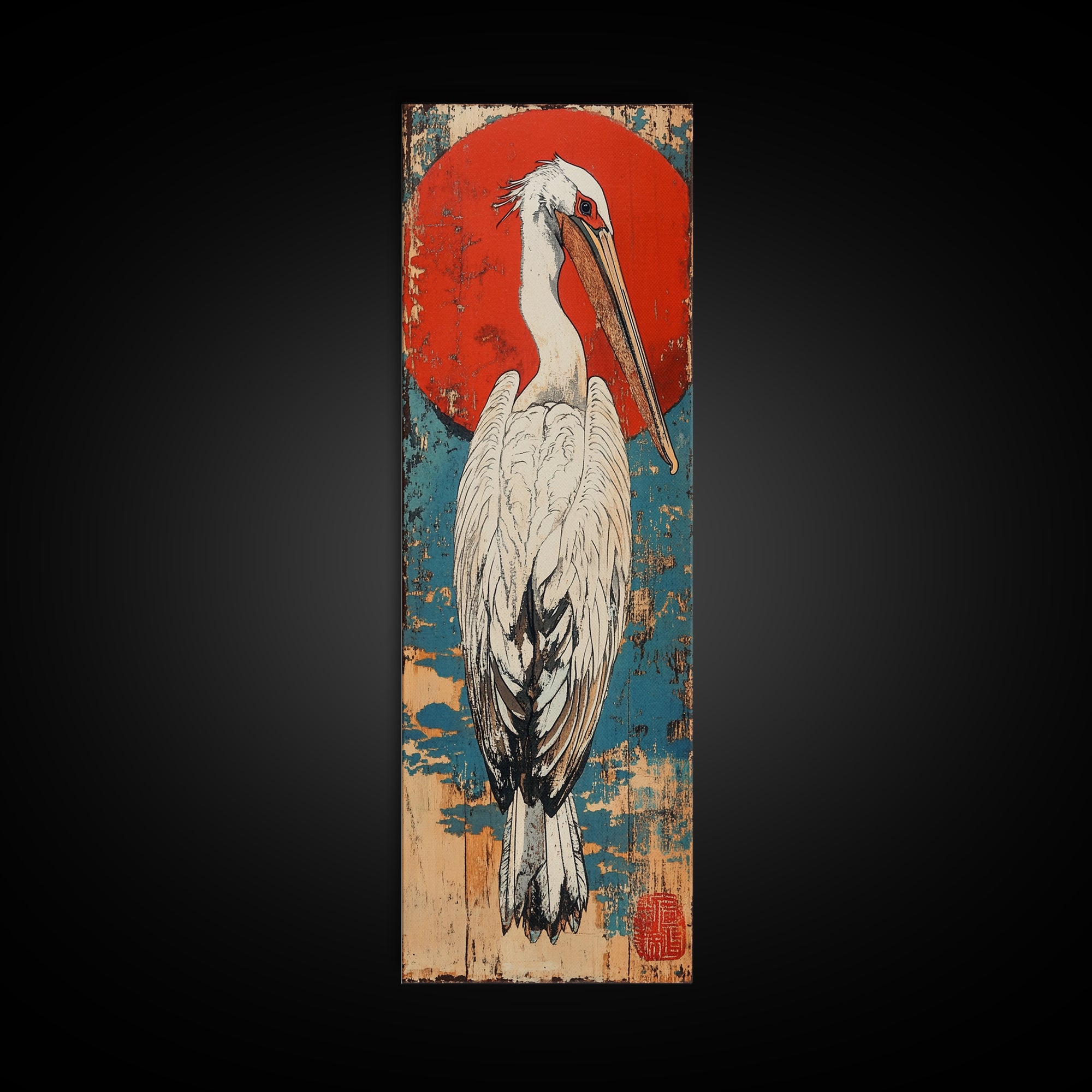 White Pelican Wall Art, Japanese Red Sun Bird Print, Coastal Wildlife Art, Asian Inspired Decor, Nautical Framed Canvas Print