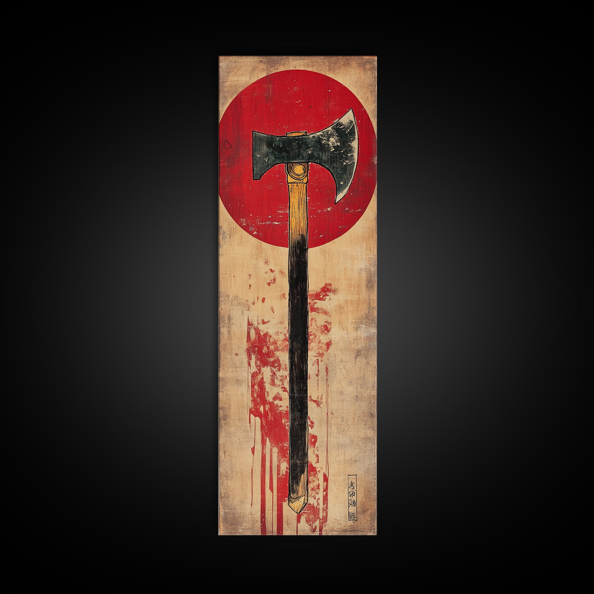 Rustic Axe Wall Art, Japanese Red Sun Tool Print, Samurai Inspired Decor, Masculine Office Decor, Framed Canvas Print, Gift For Him