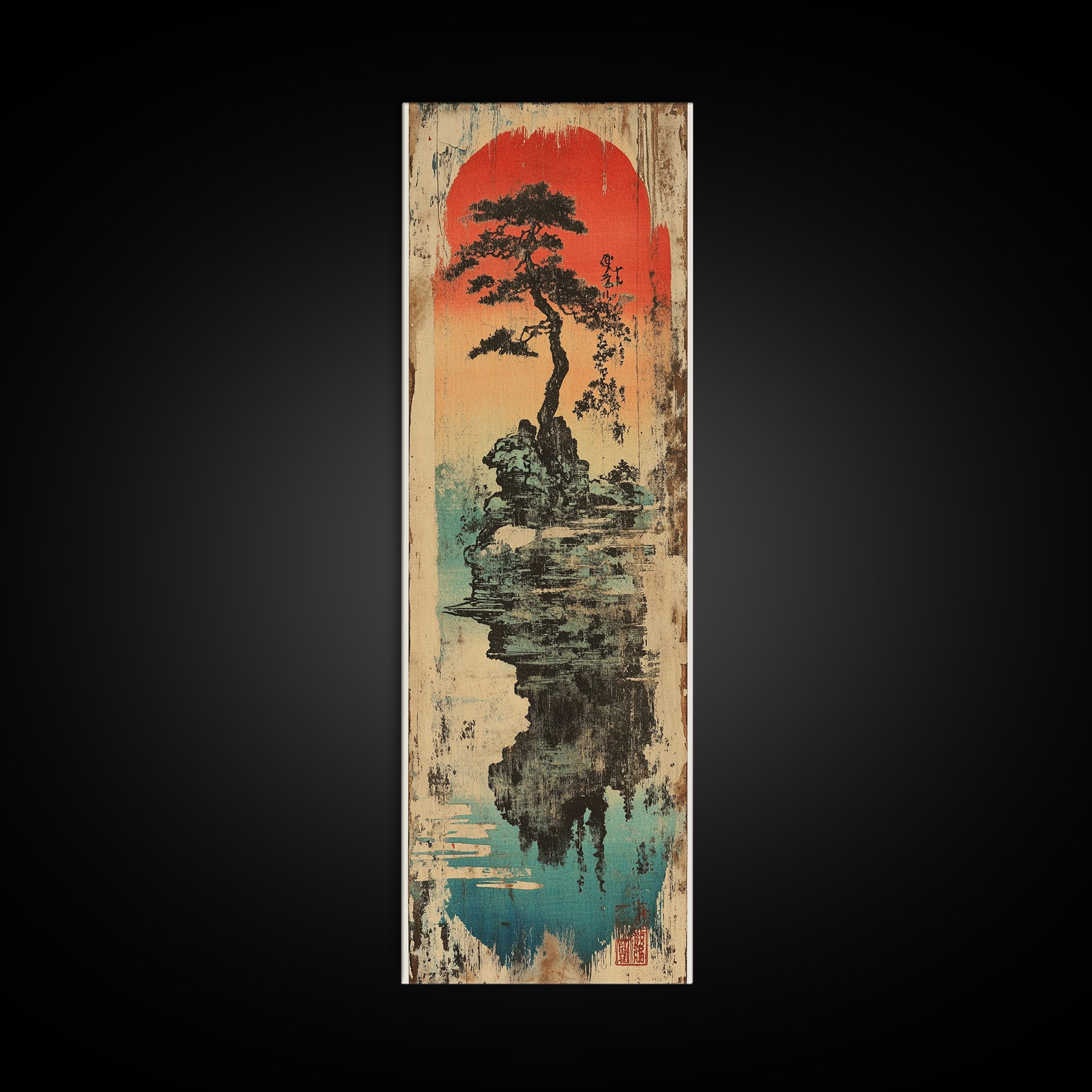 Japanese Bonsai Island Wall Art, Red Sun Zen Landscape Print, Japandi Wall Decor, Asian Inspired Canvas Print, Tranquil Decor