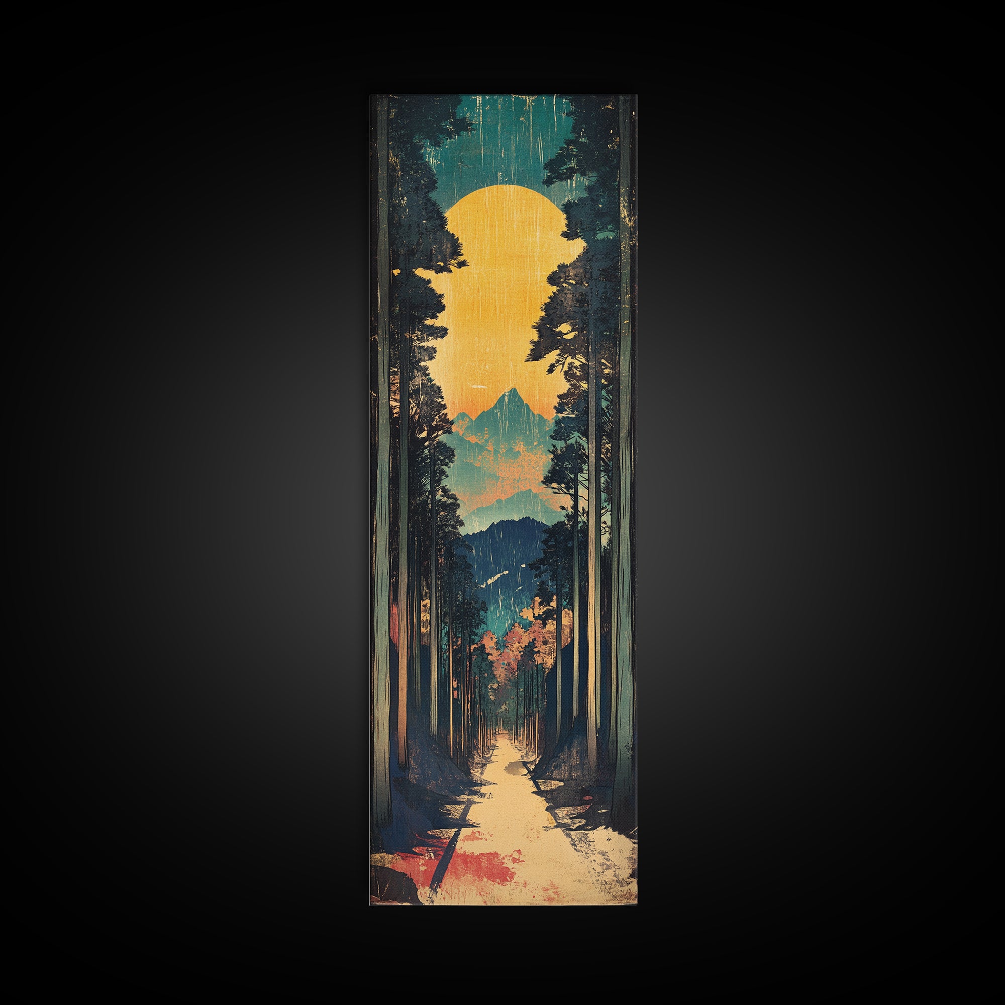 Sunlit Forest Path And Mountain View Framed Canvas Print, Japanese Wall Art, Japandi Nature Decor, Tall Narrow Landscape