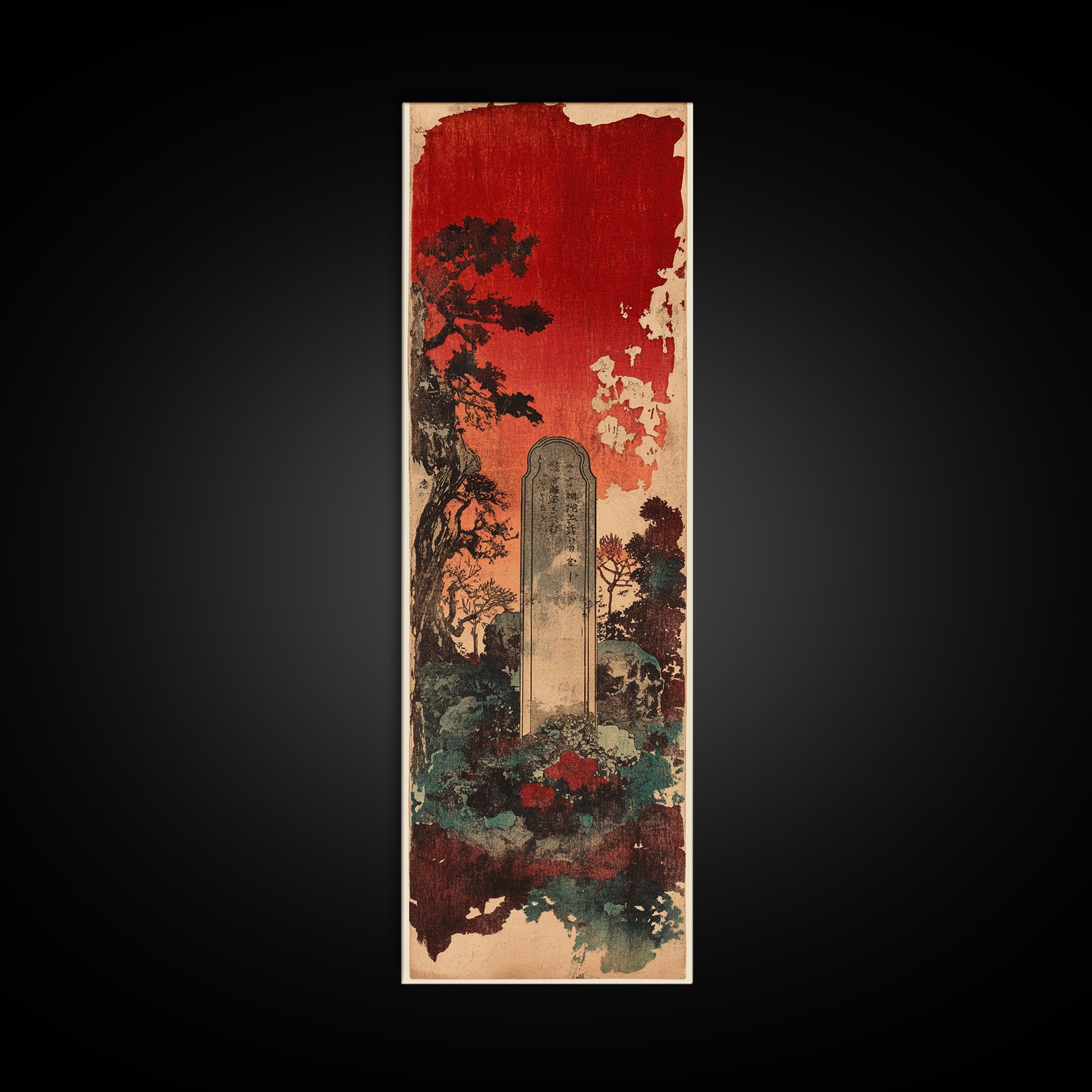 Ancient Stone Grave Under Crimson Sky Canvas Print, Gothic Japanese Wall Art, Dark Academia Decor, Moody Cemetery Artwork
