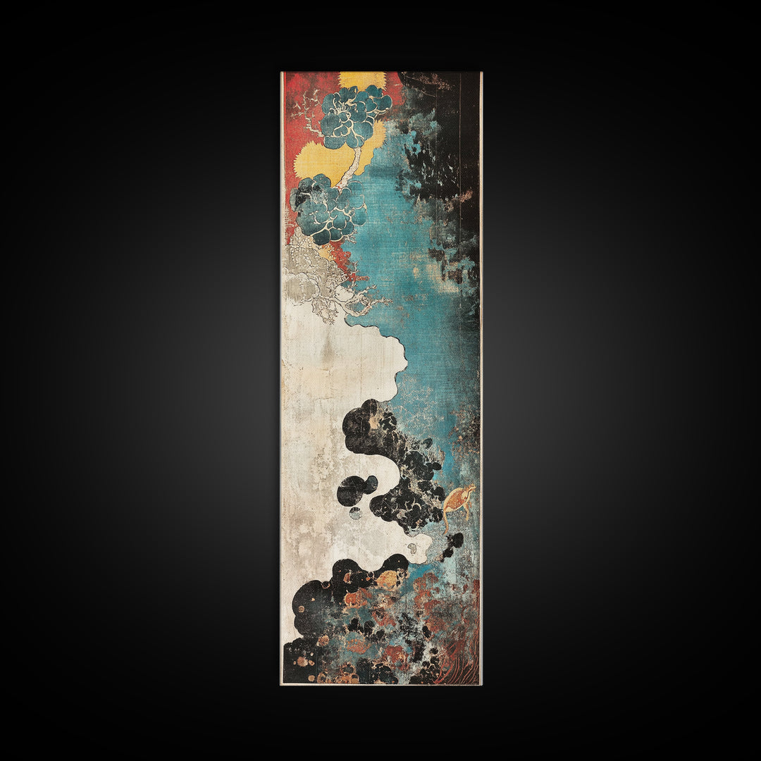 Turquoise Cloudscape With Red Moon Wall Art, Abstract Japanese Canvas Print, Moody Coastal Decor, Teal Black Statement Art