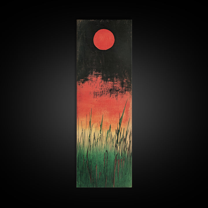 Red Sun Marsh Grass Canvas Print, Japanese Inspired Landscape, Moody Black And Green Wall Decor, Modern Nature Wall Art Print