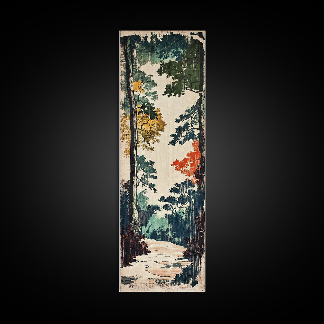 Autumn Forest Path Wall Art, Japanese Woodland Landscape Canvas, Rustic Cabin Decor, Nature Art Print For Living Room Decor