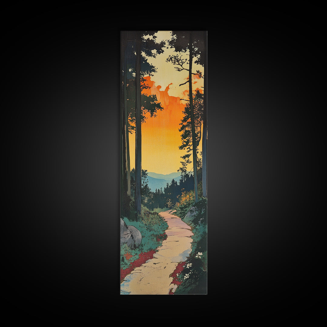 Sunset Forest Trail Canvas Print, Mountain Path Landscape Living Room Wall Art, Rustic Cabin Decor, Orange Sky Nature Art Print