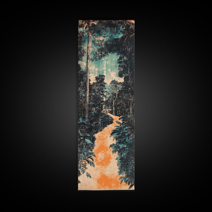 Teal Jungle Path At Dawn Wall Art, Japanese Landscape Print, Nature Wall Decor, Long Vertical Art, Moody Living Room Decor