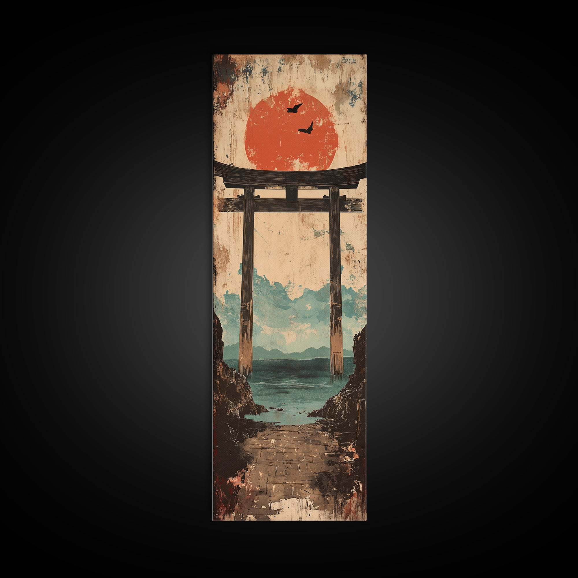 Red Sun Torii Gate Over Sea Framed Canvas Print, Japanese Wall Art, Coastal Landscape, Zen Home Decor, Entryway Wall Decor