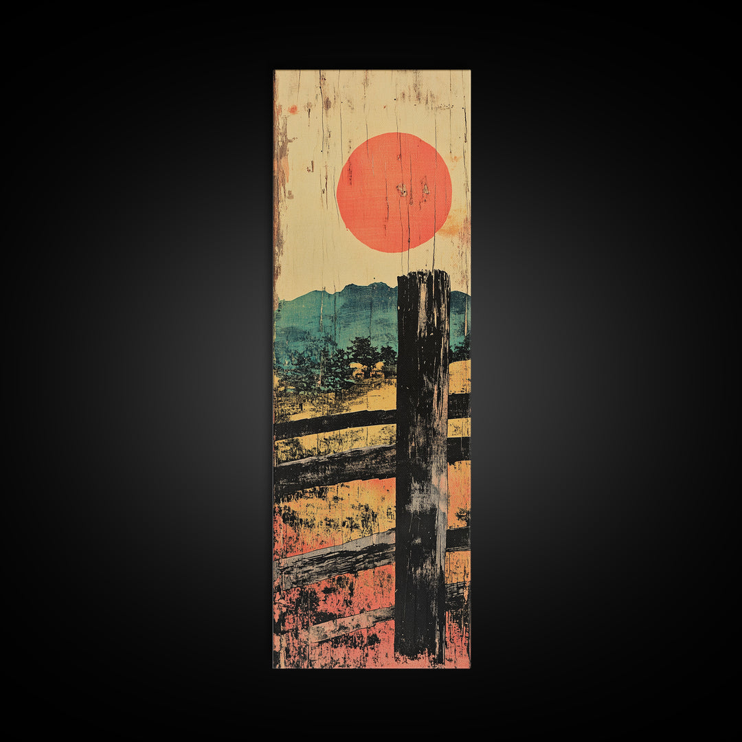 Rustic Fence And Red Sun Canvas Print, Japanese Countryside Landscape Wall Art, Japandi Decor, Earth Tone Living Room Art