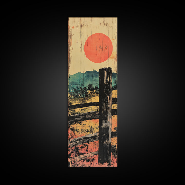 Rustic Fence And Red Sun Canvas Print, Japanese Countryside Landscape Wall Art, Japandi Decor, Earth Tone Living Room Art