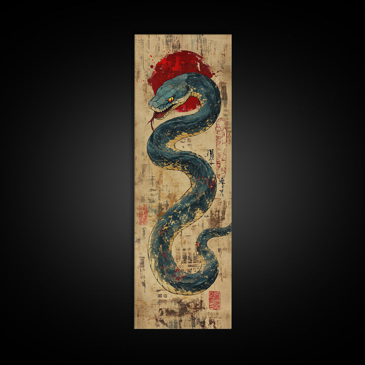 Blue Serpent With Red Sun Wall Art, Japanese Snake Illustration, Ukiyo-E Style Canvas Print, Mystical Asian Wall Decor, Office Decor