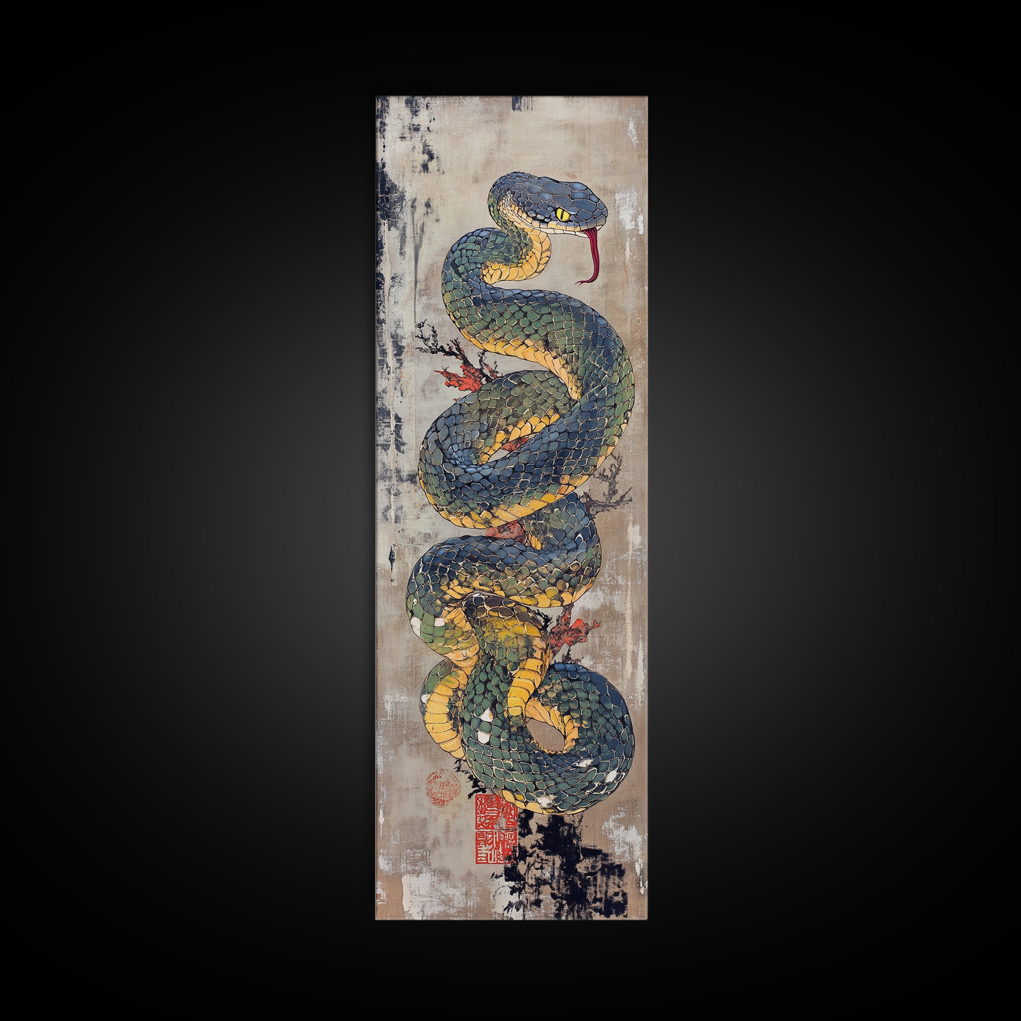Coiled Blue Viper Snake Canvas Print, Japanese Animal Wall Art, Ukiyo-E Serpent Poster, Dark Academia Office Wall Decor Print