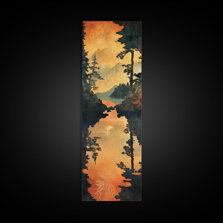 Golden Mountain Lake Sunset Wall Art, Pine Forest Landscape Canvas Print, Rustic Cabin Decor, Framed Canvas Print For Living Room