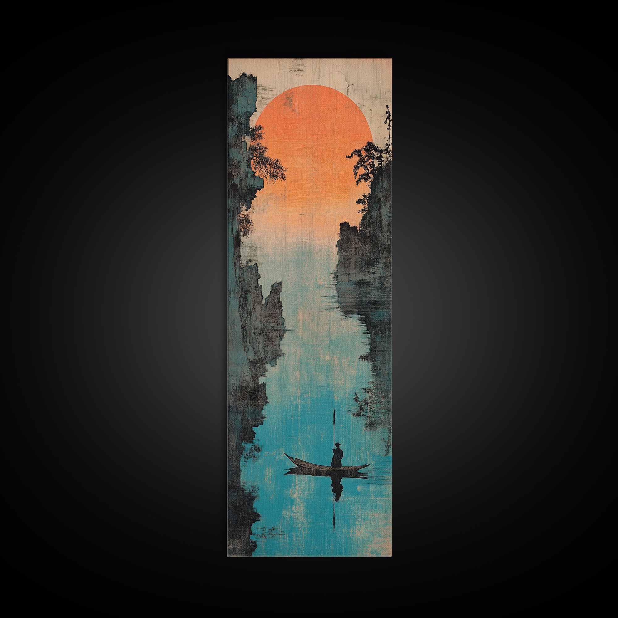 Misty River Canyon With Orange Sun Wall Art, Asian Landscape Canvas Print, Serene Fisherman Boat Framed Canvas Print Wall Decor