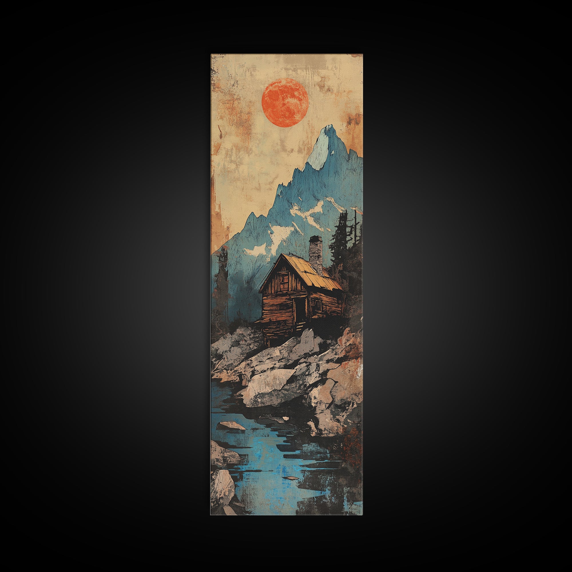 Alpine Cabin Below Blue Mountain Wall Art, Rustic Landscape Canvas Print, Red Sun Nature Decor, Framed Canvas Print For Cabin Living Room