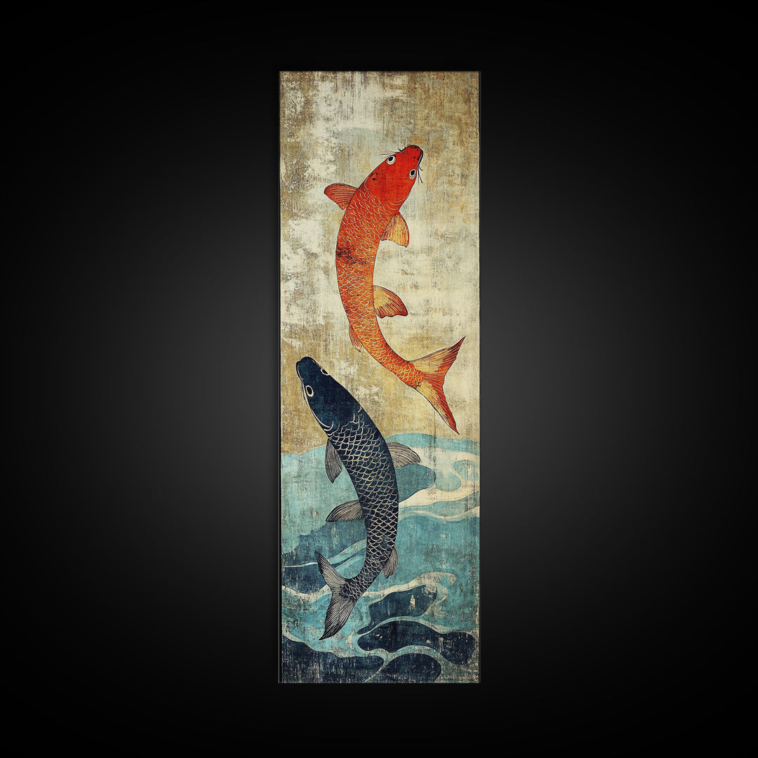 Orange And Black Koi Fish Wall Art, Japanese Koi Canvas Print, Coastal Fish Decor, Framed Canvas Print For Bathroom And Spa Decor