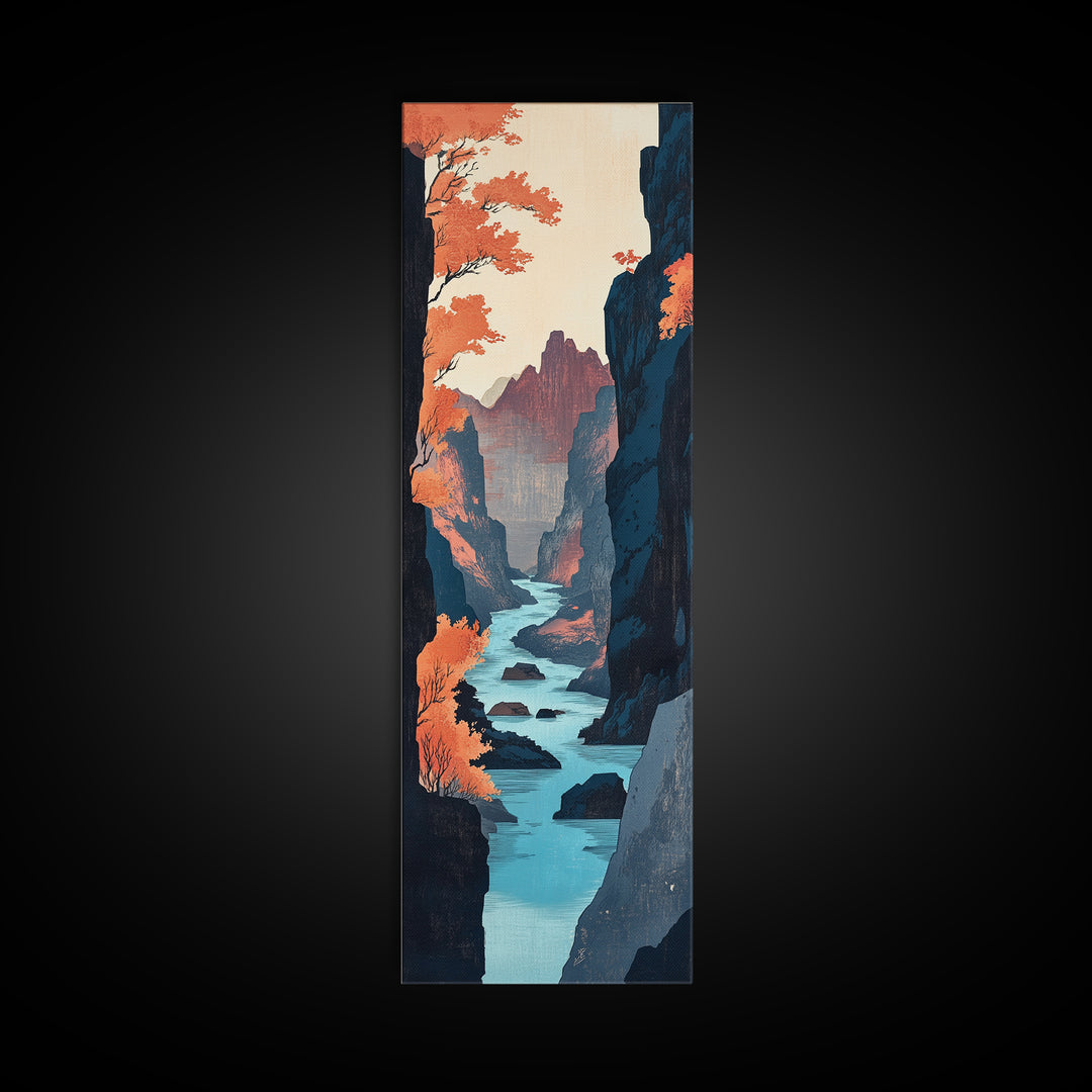 Autumn Canyon River Canvas Print, Japanese Landscape Wall Art, Orange Fall Trees, Moody Mountain Decor, Long Narrow Print