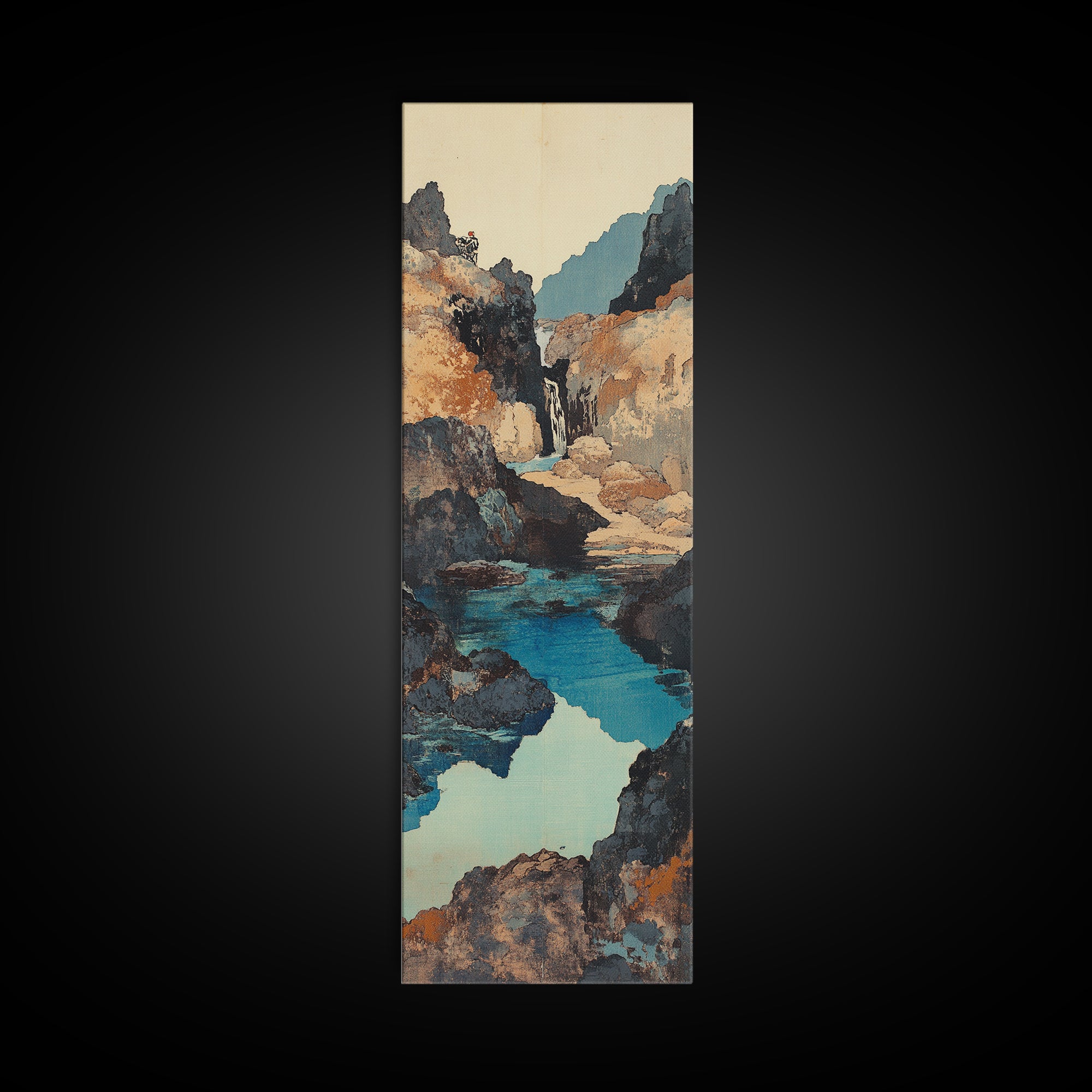 Turquoise Canyon Waterfall Framed Canvas Print, Mountain River Wall Art, Rustic Nature Decor, Japandi Long Narrow Wall Art