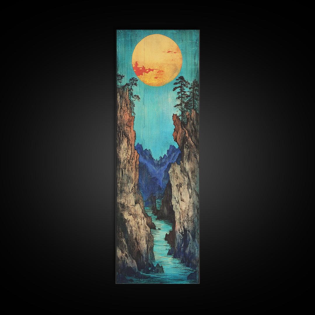 Turquoise Canyon River And Golden Sun Wall Art, Japanese Landscape Print, Japandi Wall Decor, Tall Canvas Art For Entryway