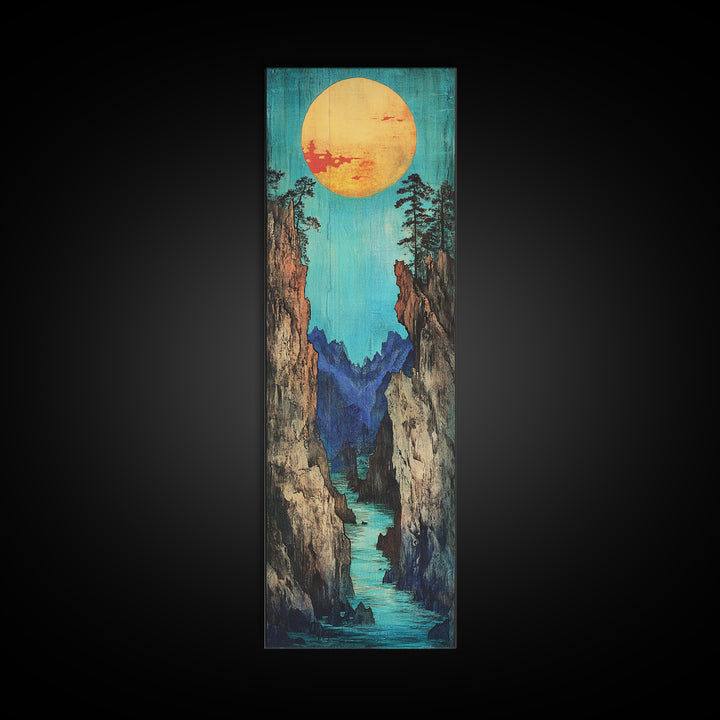Turquoise Canyon River And Golden Sun Wall Art, Japanese Landscape Print, Japandi Wall Decor, Tall Canvas Art For Entryway