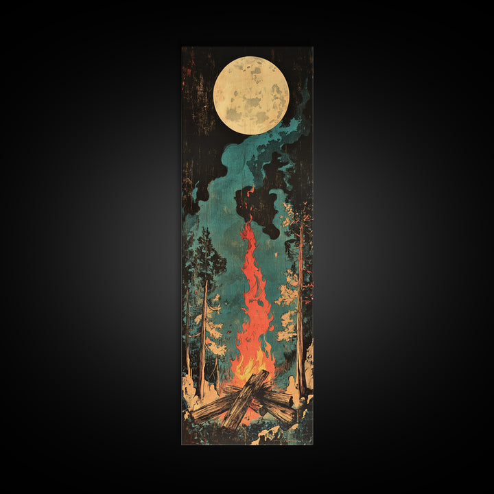 Full Moon Campfire Forest Wall Art, Dark Pine Woodland Canvas, Cozy Cabin Decor, Rustic Nature Print, Lodge Gift For Him