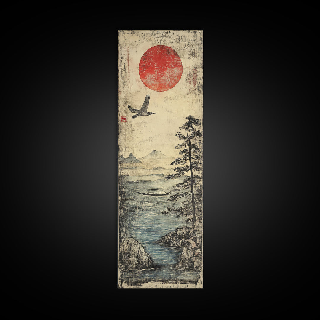 Red Sun Over Misty Coastal Lake Wall Art, Japanese Landscape Print, Crane Bird Scene, Zen Nature Decor For Living Room, Home Decor