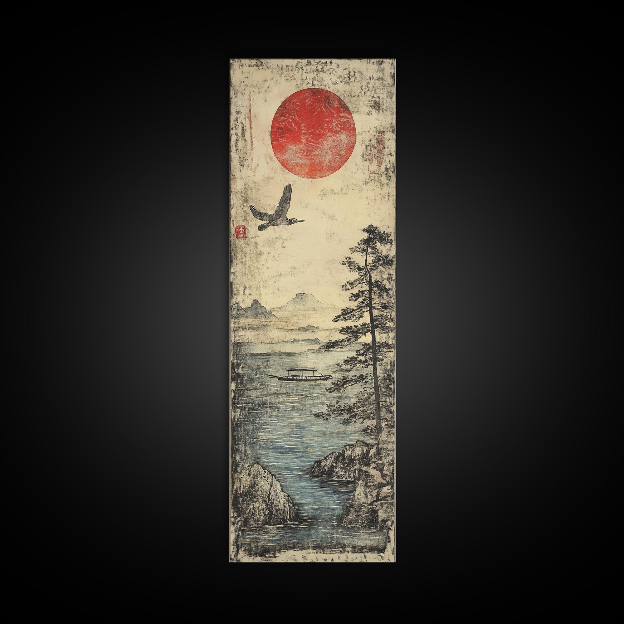 Red Sun Over Misty Coastal Lake Wall Art, Japanese Landscape Print, Crane Bird Scene, Zen Nature Decor For Living Room, Home Decor