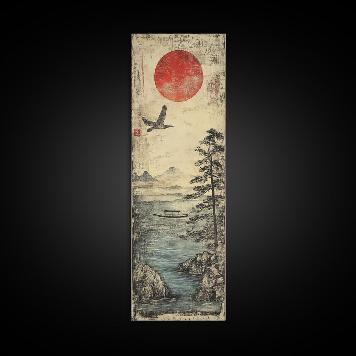 Red Sun Over Misty Coastal Lake Wall Art, Japanese Landscape Print, Crane Bird Scene, Zen Nature Decor For Living Room, Home Decor