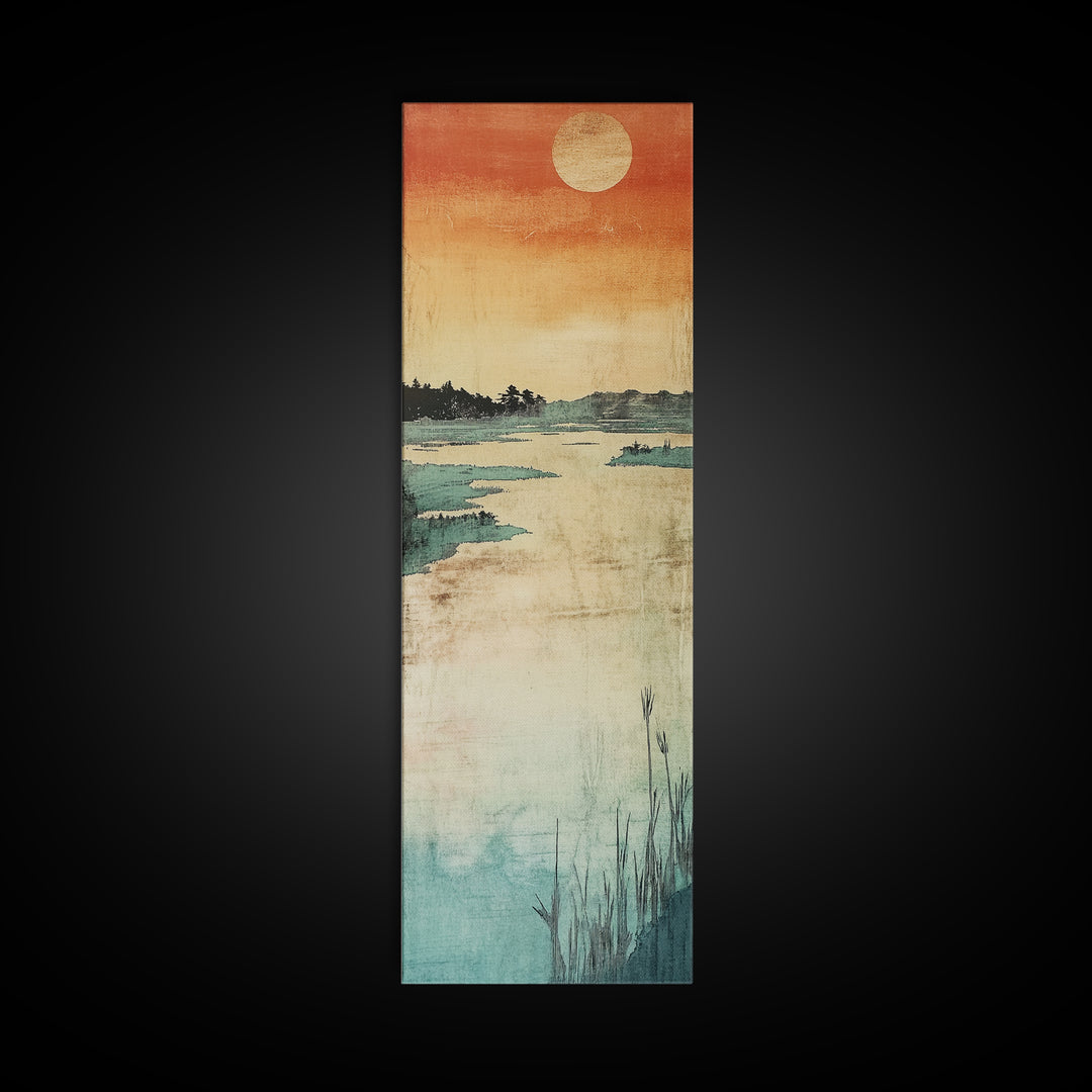 Orange Sunset Marsh Landscape Canvas Print, Minimal Japanese Seascape, Coastal Wall Art, Calm Bedroom Decor, Zen Home Decor