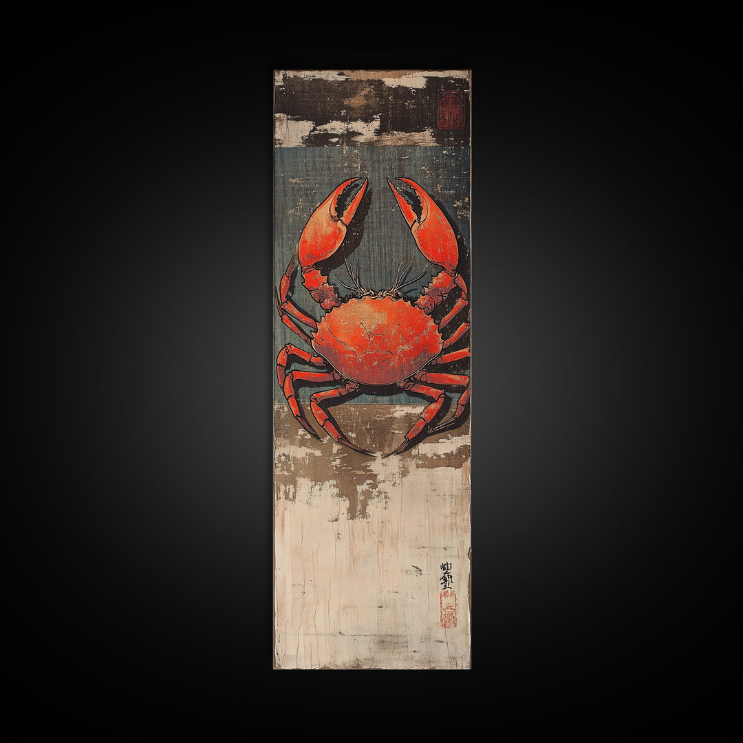 Bright Red Crab On Weathered Wood Wall Art, Nautical Japanese Seafood Print, Coastal Kitchen Decor, Beach House Canvas Print